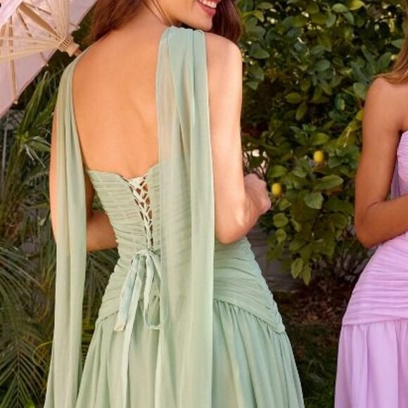 New Strapless Dusty Blue Bridesmaid Gown w/Pleated Draping & Corset Bodice CD395 - Picture 6 of 10